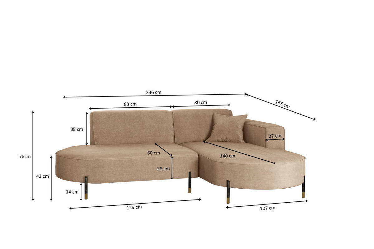 ECKSOFA L-Form Designer Modena Rein Stoff Noel KaltesBeige Rechts - Cappuccino, Holz/Textil (236/165cm) - Kaiser Möbel