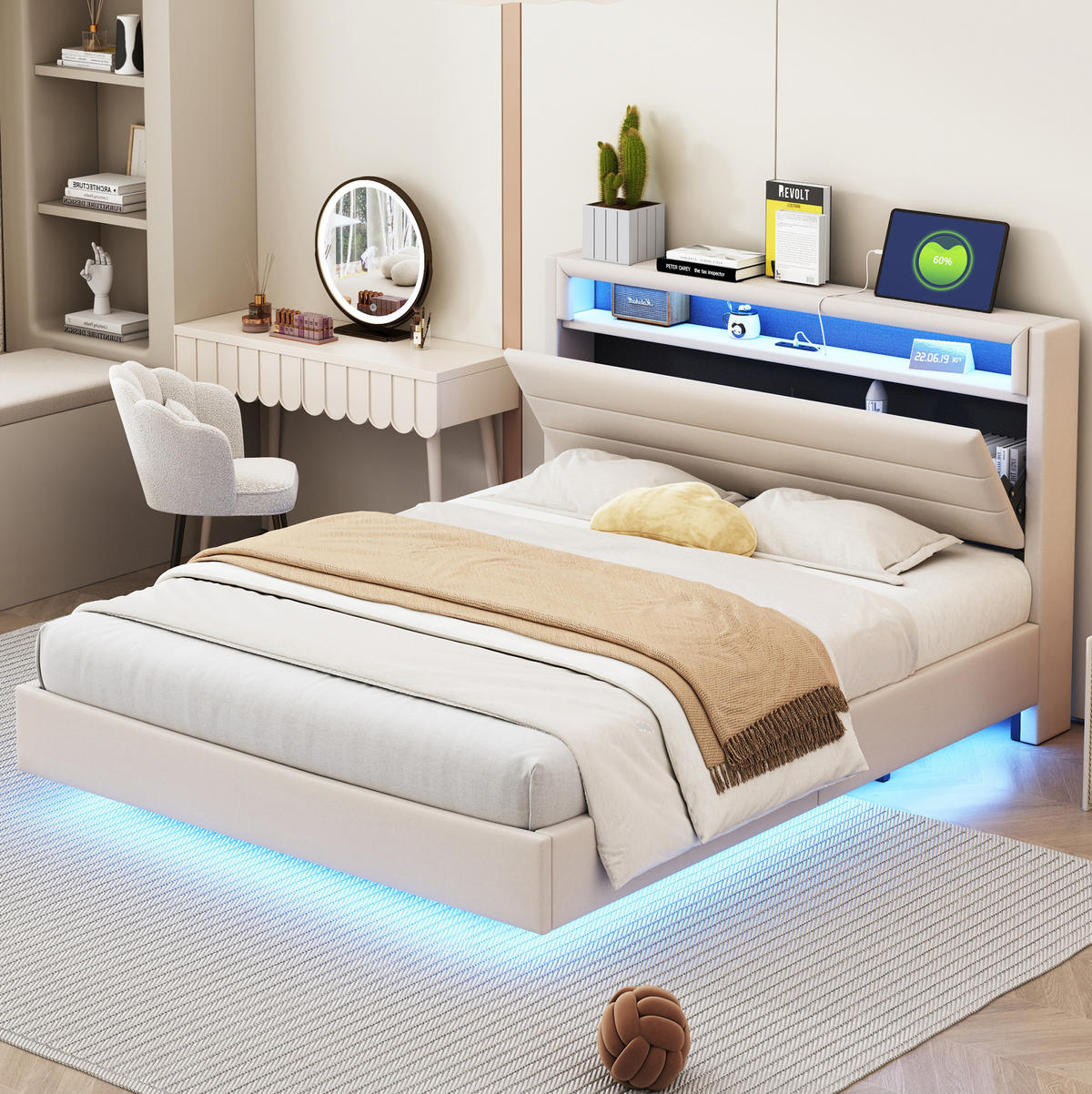 POLSTERBETT mit USB, LED und Stauraum 140x200 cm Beige - Beige, Metall (140/200cm) - Meubliv