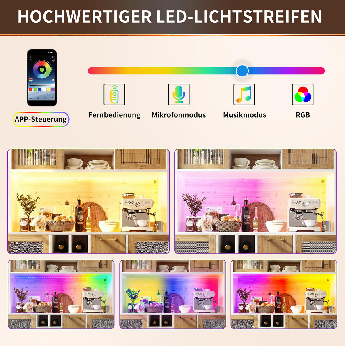 BUFFET 120/170/40 cm Weiß mit Holzdekor aus MDF mit LED-Beleuchtung - Weiß, Holzwerkstoff (40/180/120cm) - OKMYHOME