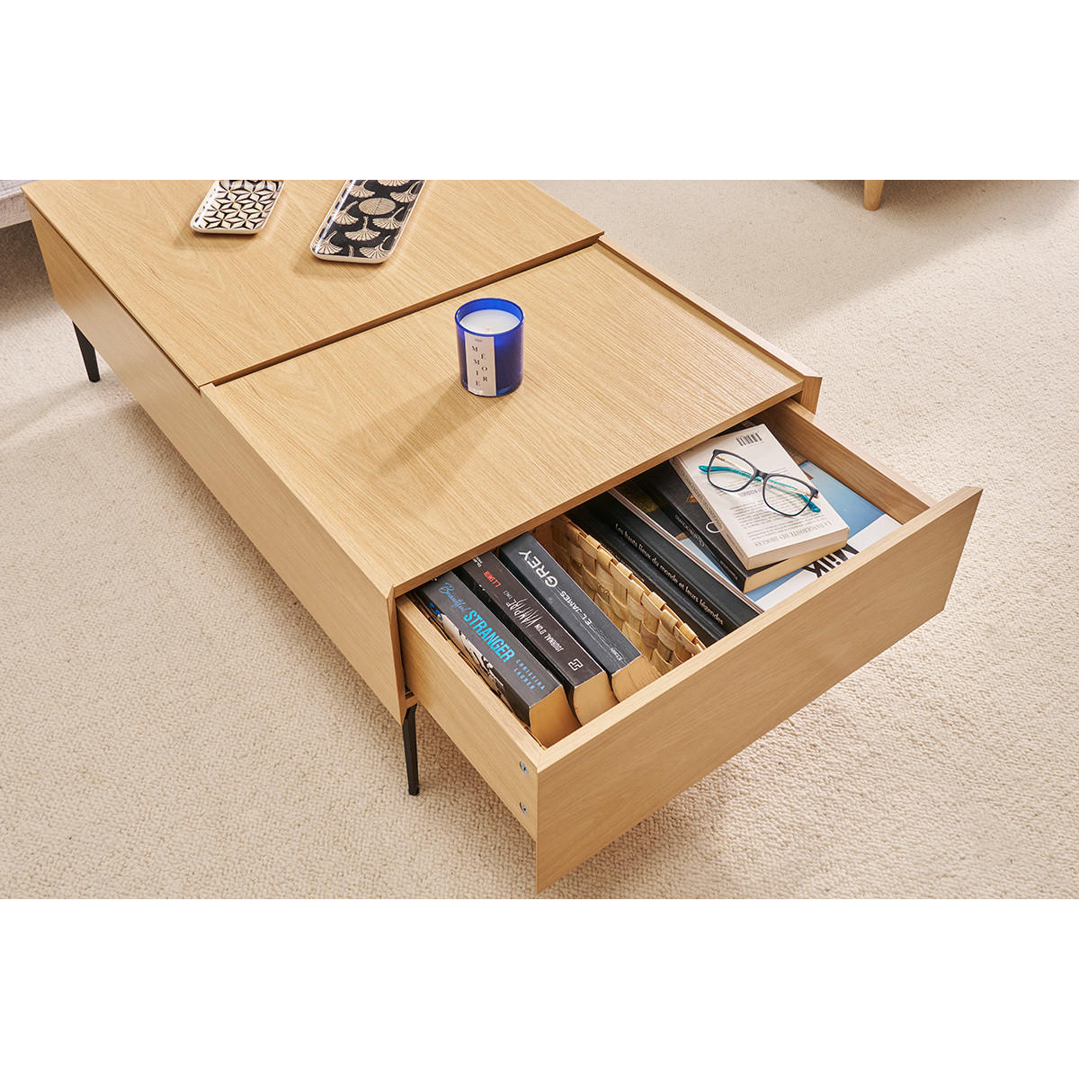 COUCHTISCH Klappbar Helles Holz Schwarz Metall L102,5 cm SEDA - Naturfarben, Holz (102.5/60.2/35.5cm) - Miliboo