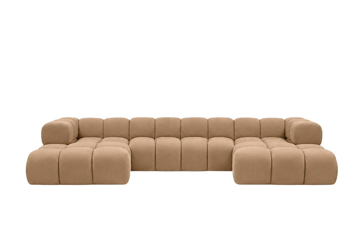ROHOVÁ SEDAČKA ve tvaru U, velurová tkanina Bluvel, Latte, Averro U XL - kapučínová, dřevo (400/70/150cm) - Kaiser Möbel