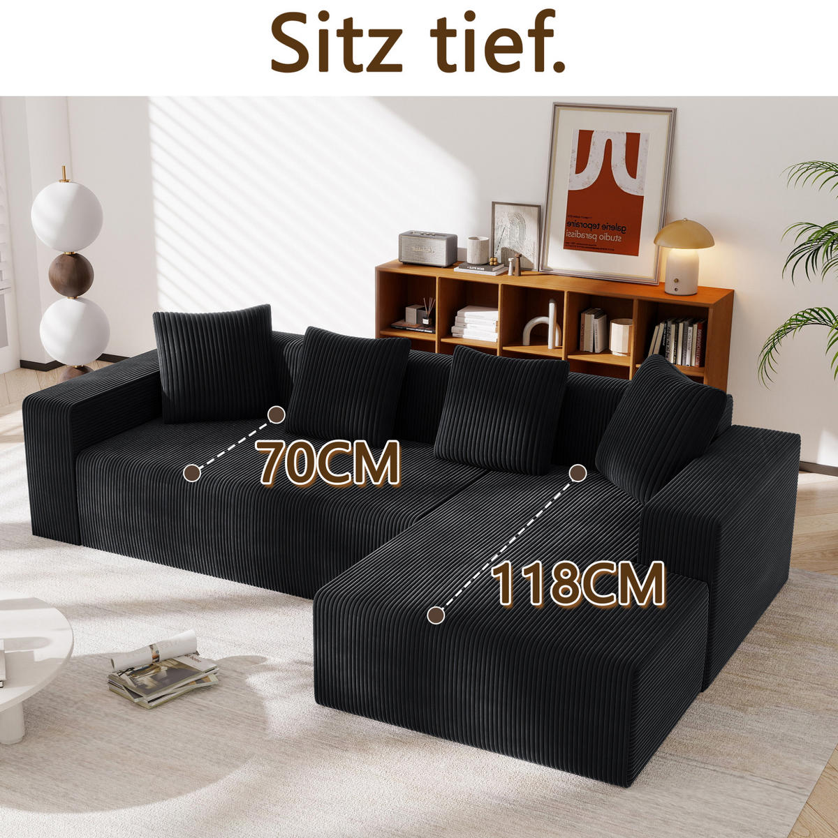 ECKSOFA aus Corduroy 261x146x65 cm in Schwarz mit modularer L-Form - Schwarz, Textil (146/261cm) - Modfu