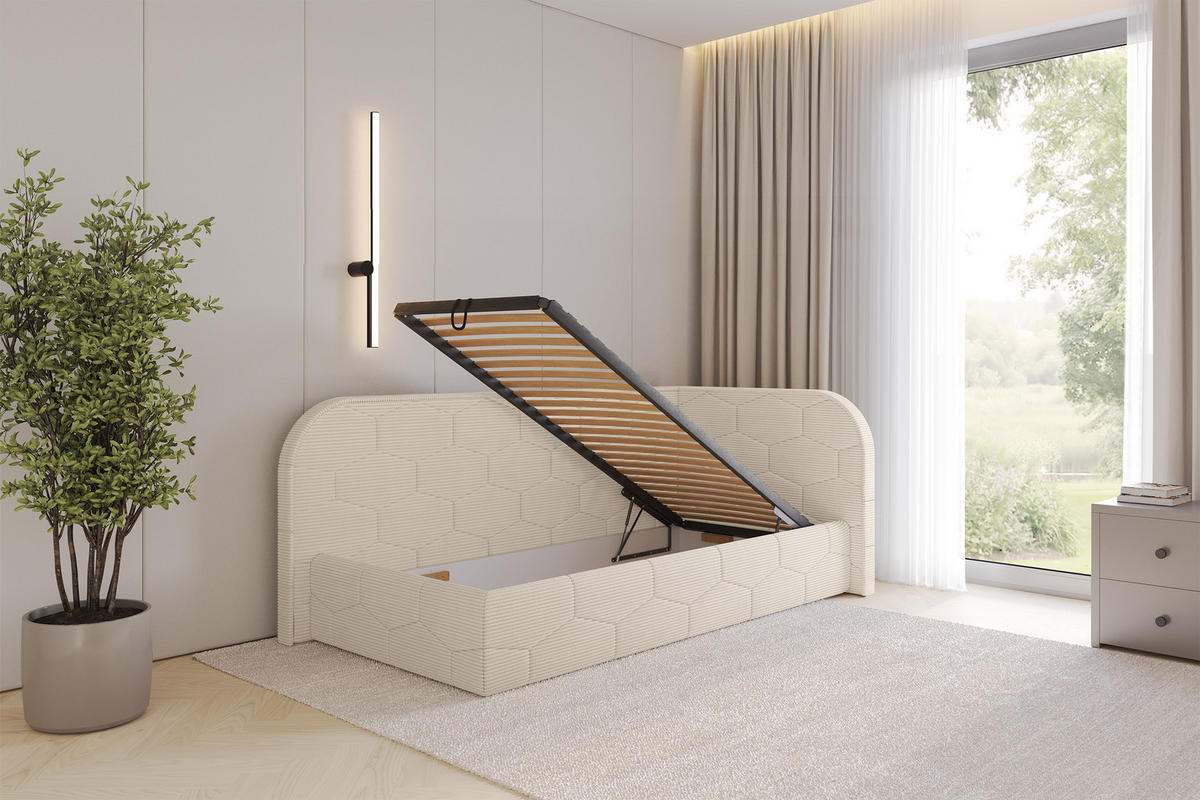 EINZELLBETT Jugendbett mit Bettkasten und Matratze H3/H4, Links - JAXY 90x200 Beige - Creme, Holzwerkstoff/Textil (90/200cm) - ALTDECOR