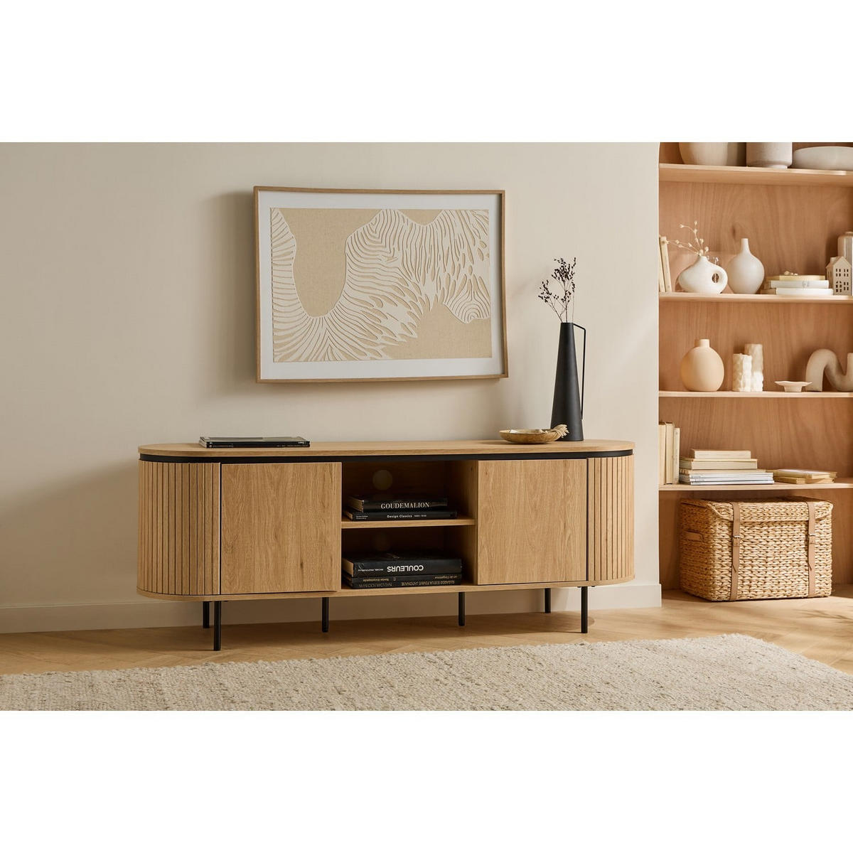 TV-MÖBEL mit 2 Türen und seitlichem Rillen-Effekt 150/55/40 cm - Eschefarben, Holzwerkstoff (40/55/150cm) - Calicosy