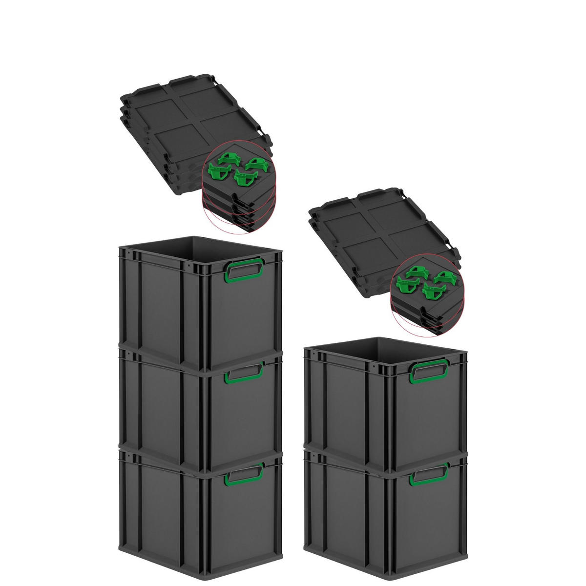 EUROBOX 5x NextGen Color mit Auflagedeckel 32x30x40 cm 30 Liter Schwarz Griffe grün zu - Schwarz/Grün, Kunststoff (30/32/40cm) - PROREGAL