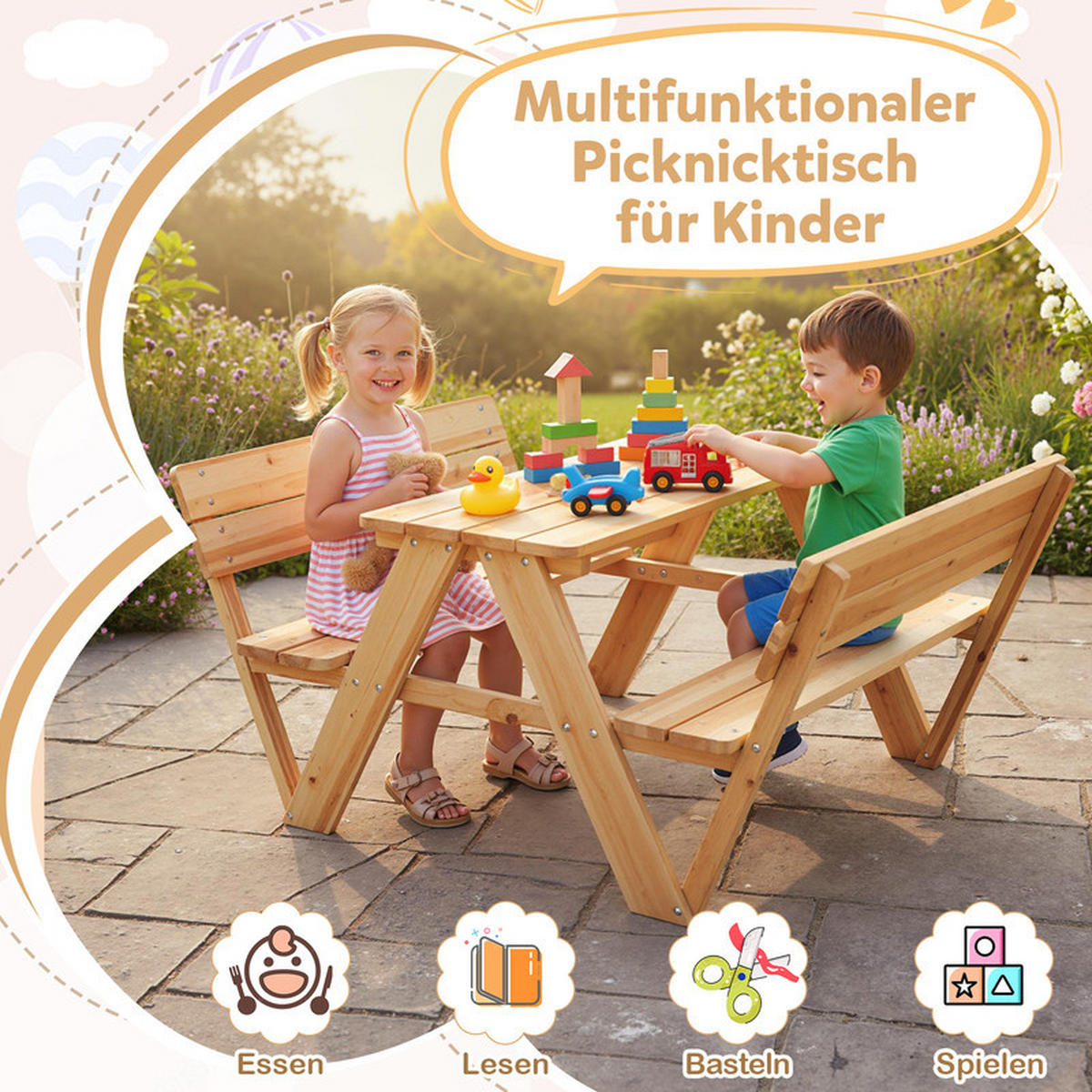 KINDERGARTENTISCH mit Sitzbänken natur - Naturfarben, Holz - COSTWAY
