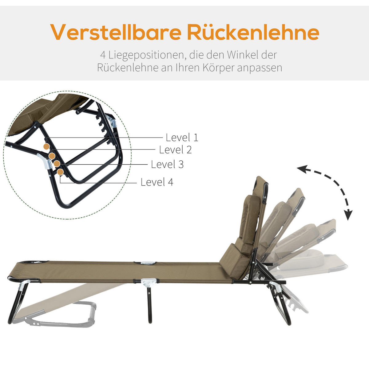 SONNENLIEGE aus Oxford-Gewebe 190x56x28 cm Braun faltbar mit Leseloch und 4-fach verstellbarer Rückenlehne - Braun, Textil (56/28/190cm) - Modfu