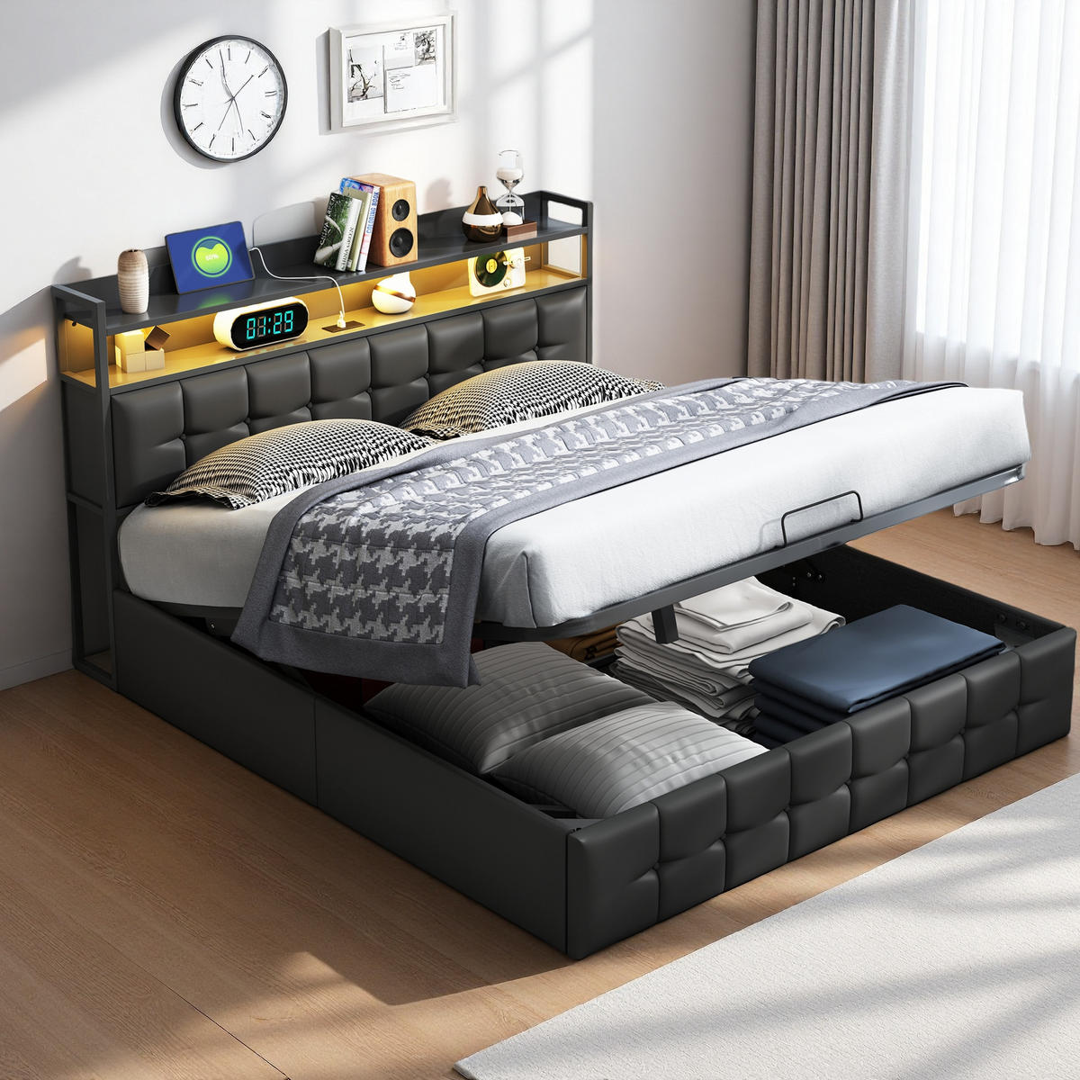 POLSTERBETT 160x200 cm LED Kopfteil Lattenrost PU Leder schwarz - Schwarz, Holz (160/200cm) - Fortuna Lai