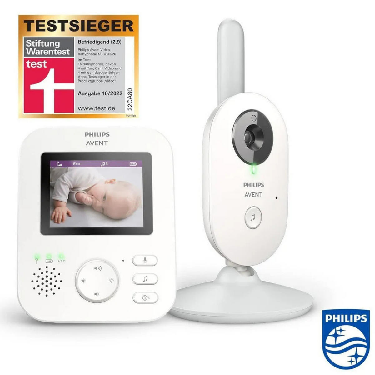 BABYPHONE Video Monitor 2,7 Zoll Nachtsicht 300 m Reichweite FHSS Technologie ECO Modus Weiß - Weiß, Kunststoff - Philips