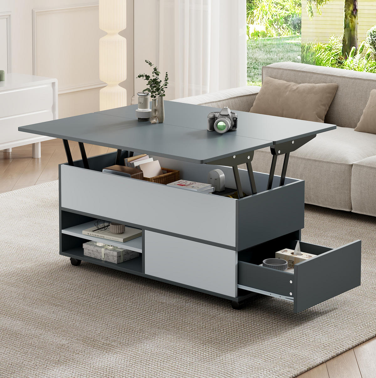 COUCHTISCH 100/98 cm höhenverstellbar mit Stauraum, Schublade und Rollen - Grau, Holzwerkstoff (100/98/65cm) - BEAOK
