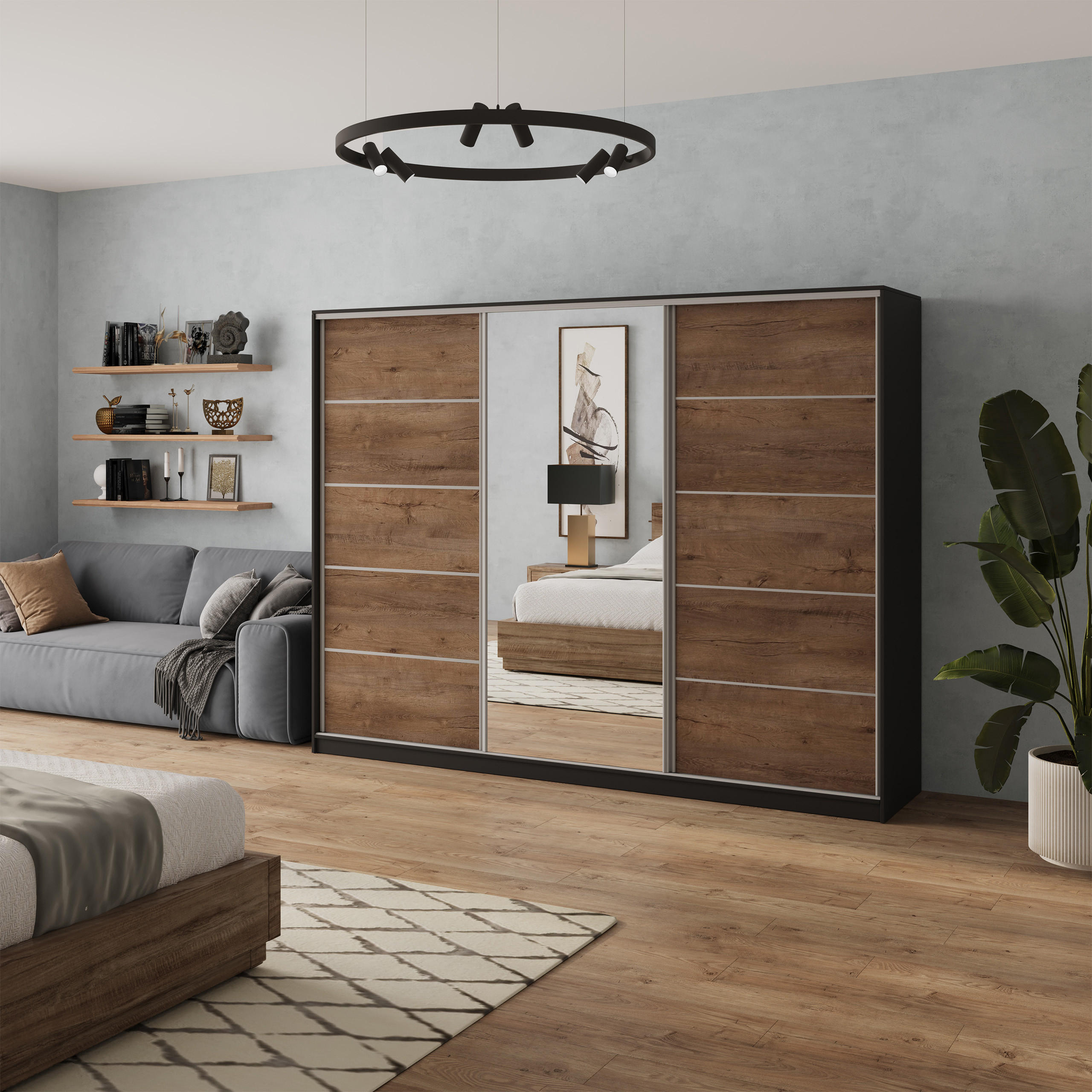 SCHWEBETÜRENSCHRANK NATA 235/205/58 cm 3-türig mit Spiegel und Schubladen Schwarz / Eiche Lefkas - Eichefarben/Silberfarben, Holzwerkstoff (235/205/58cm) - MASSENO