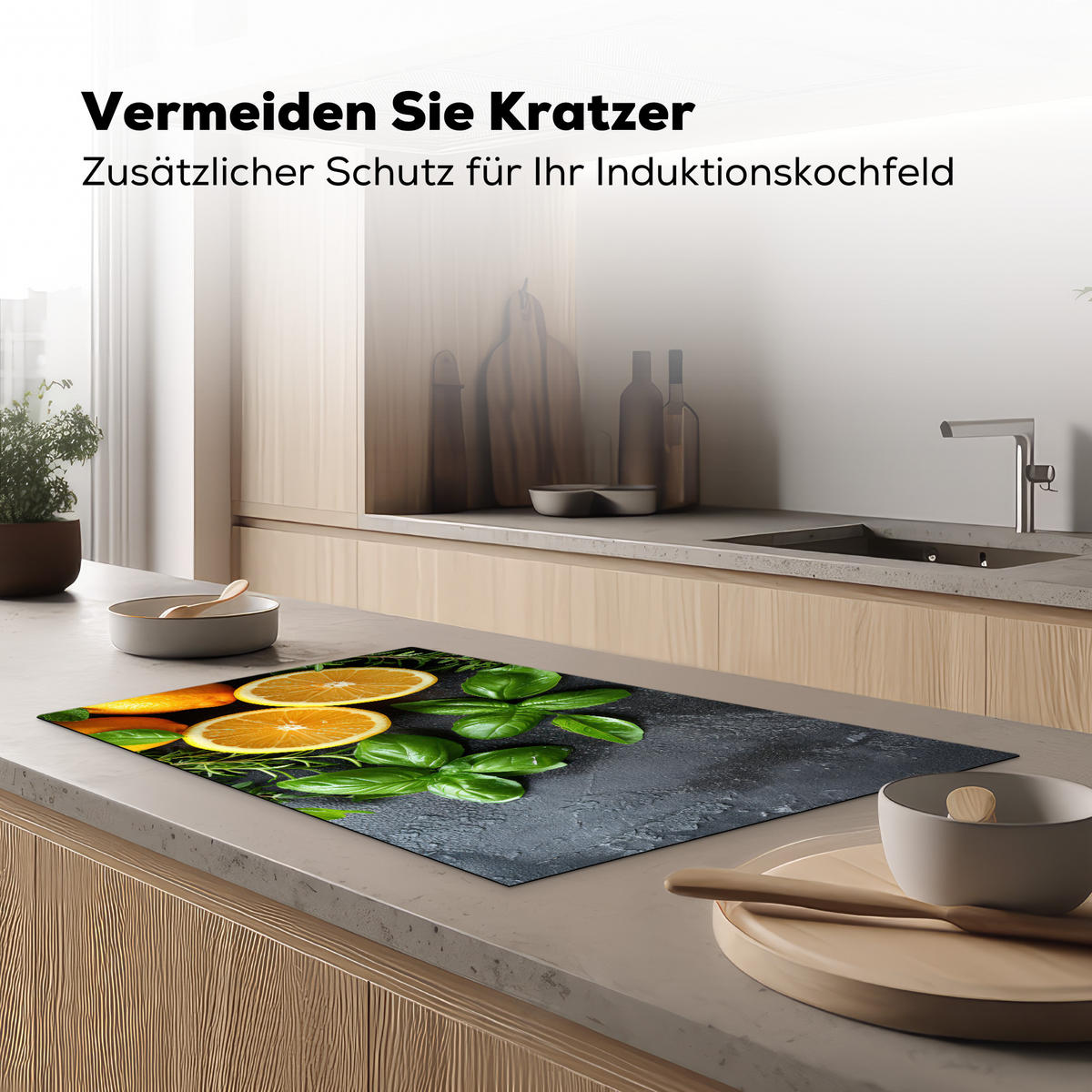 HERDABDECKPLATTE Obst - Grau - Konkret - Orange - Pflanzen Ceranfeldabdeckung 85x52 cm - Anthrazit, Kunststoff (85/52/0.2cm) - MuchoWow
