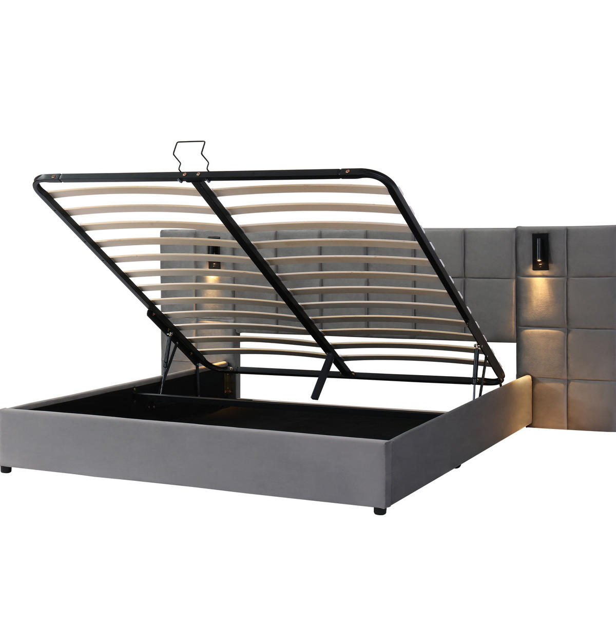 POLSTERBETT 180/200 cm mit USB-Anschluss, Leselicht und hydraulischem Bettkasten, Stahlrahmen & Samt, Grau - Grau, Metall (140/200cm) - Redom