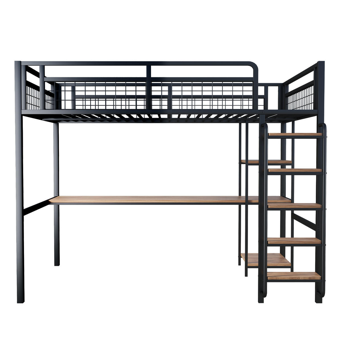 HOCHBETT 140/200 cm mit Schreibtisch, Regal und Sicherheitsleiter aus Metall, Schwarz - Schwarz, Metall (140/200cm) - Redom