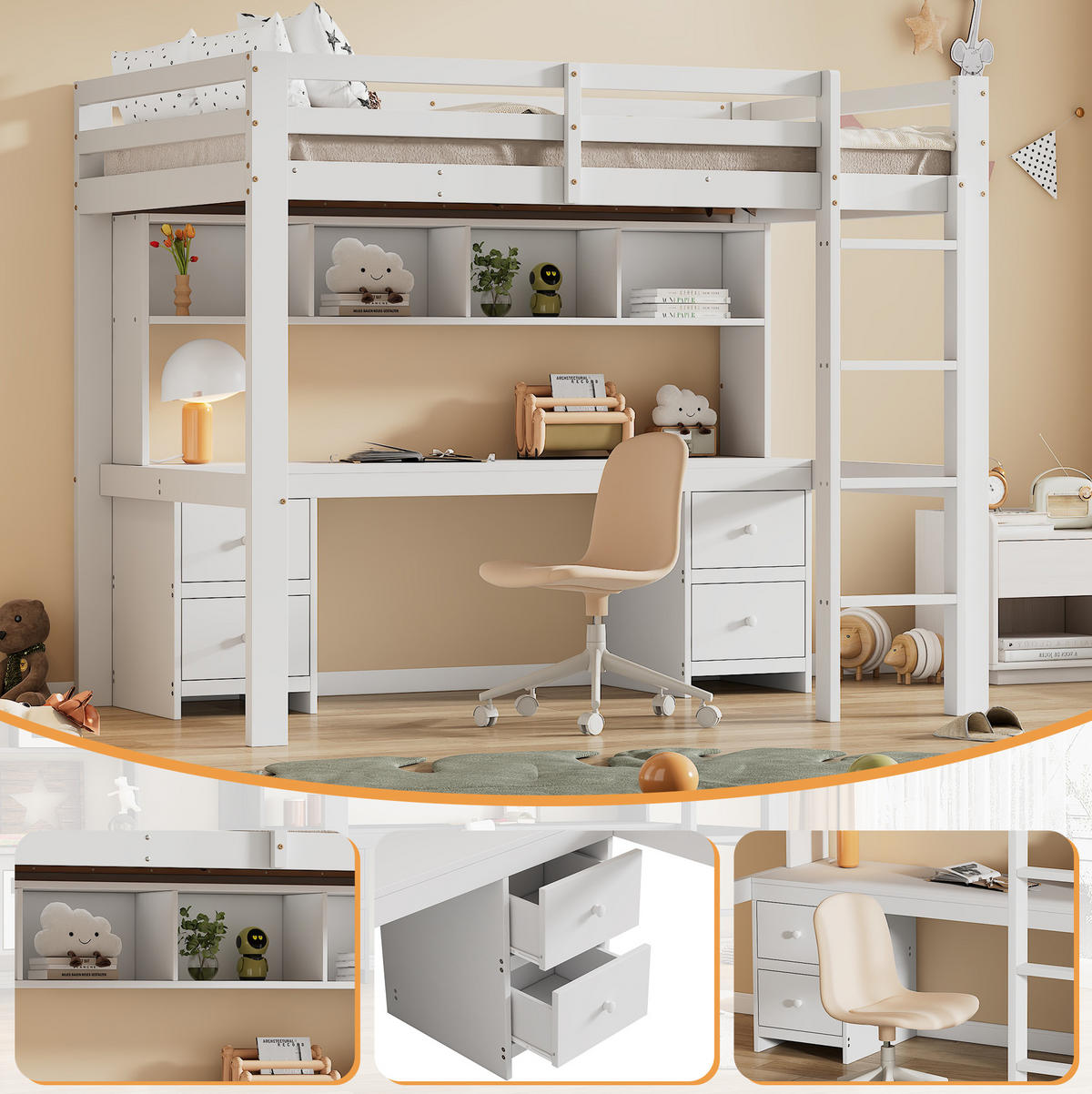 HOCHBETT 90/200 cm Weiß mit Schreibtisch und Stauraum - Weiß, Holz (90/200cm) - Flora Grace
