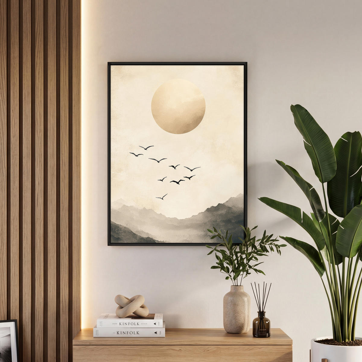 LEINWAND Bilder mit Rahmen - Landschaft - Japandi - Vogel - 60x80 - Beige, Textil (60/80cm) - MuchoWow