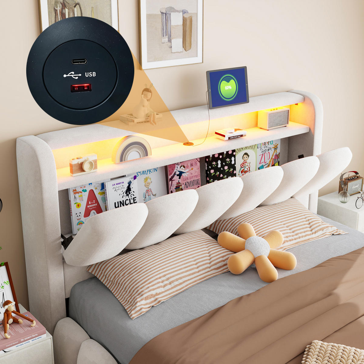 POLSTERBETT 180/200 mit LED/USB, Kopfteil Stauraum, Samt, Beige - Beige, Holz (180/200cm) - LVHOM