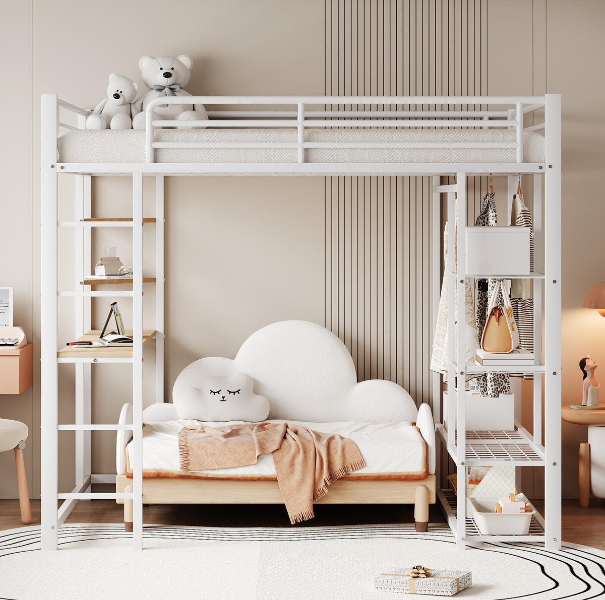 HOCHBETT 140/200 cm Weiß mit Schreibtisch und Kleiderschrank - Weiß, Metall (140/200cm) - MIVRAY