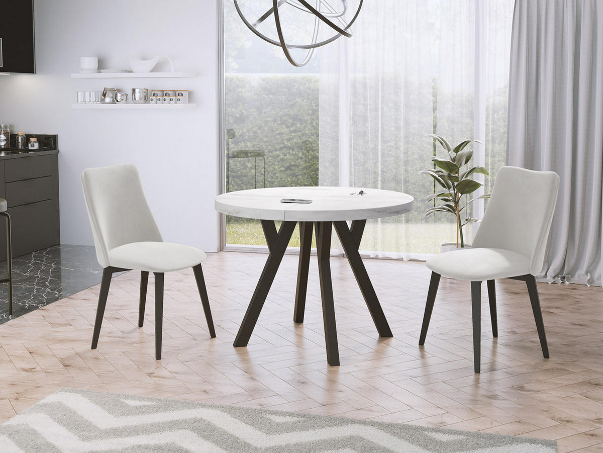 ESSTISCH Twixy runder ausziehbarer, Marmor Weiß 90-170/90/76 cm - Ecru/Schwarz, Holz/Holzwerkstoff (90/90/76cm) - WFL GROUP