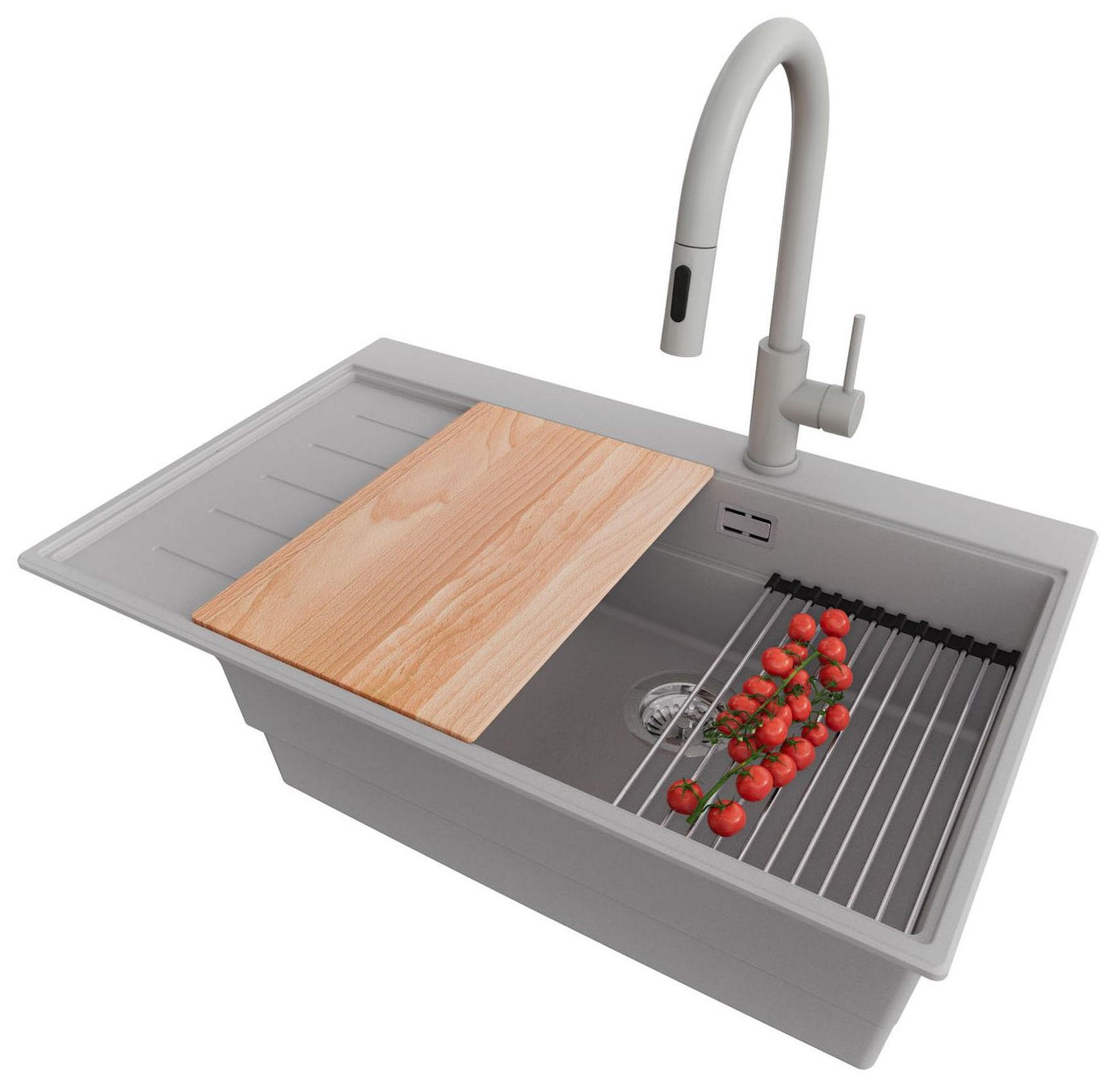 GRANITSPÜLE Sydney, 2-er set Grau 78/50 cm 1 Becken + Küchenarmatur 40/20 cm + Ablauf-Set + Küchenzubehörset ab 60er Unterschrank - Chromfarben/Beige, Kunststoff (78/20/50cm) - Primagran