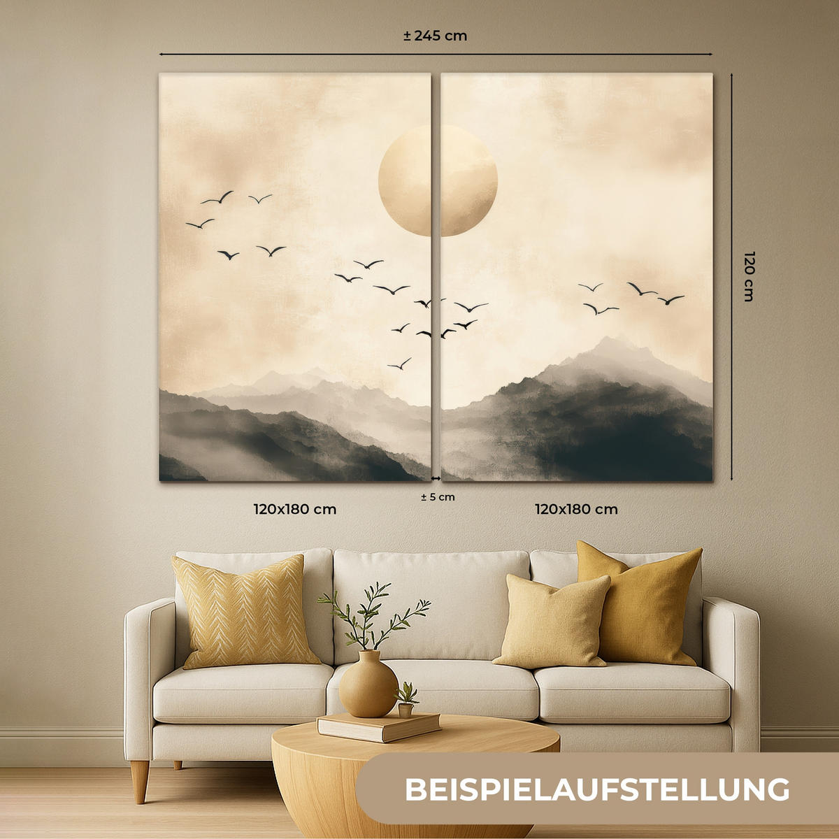 LEINWANDBILD 2er Set Landschaft - Japandi - Beige - Vögel 240x180 cm - Beige, Textil (240/180cm) - MuchoWow