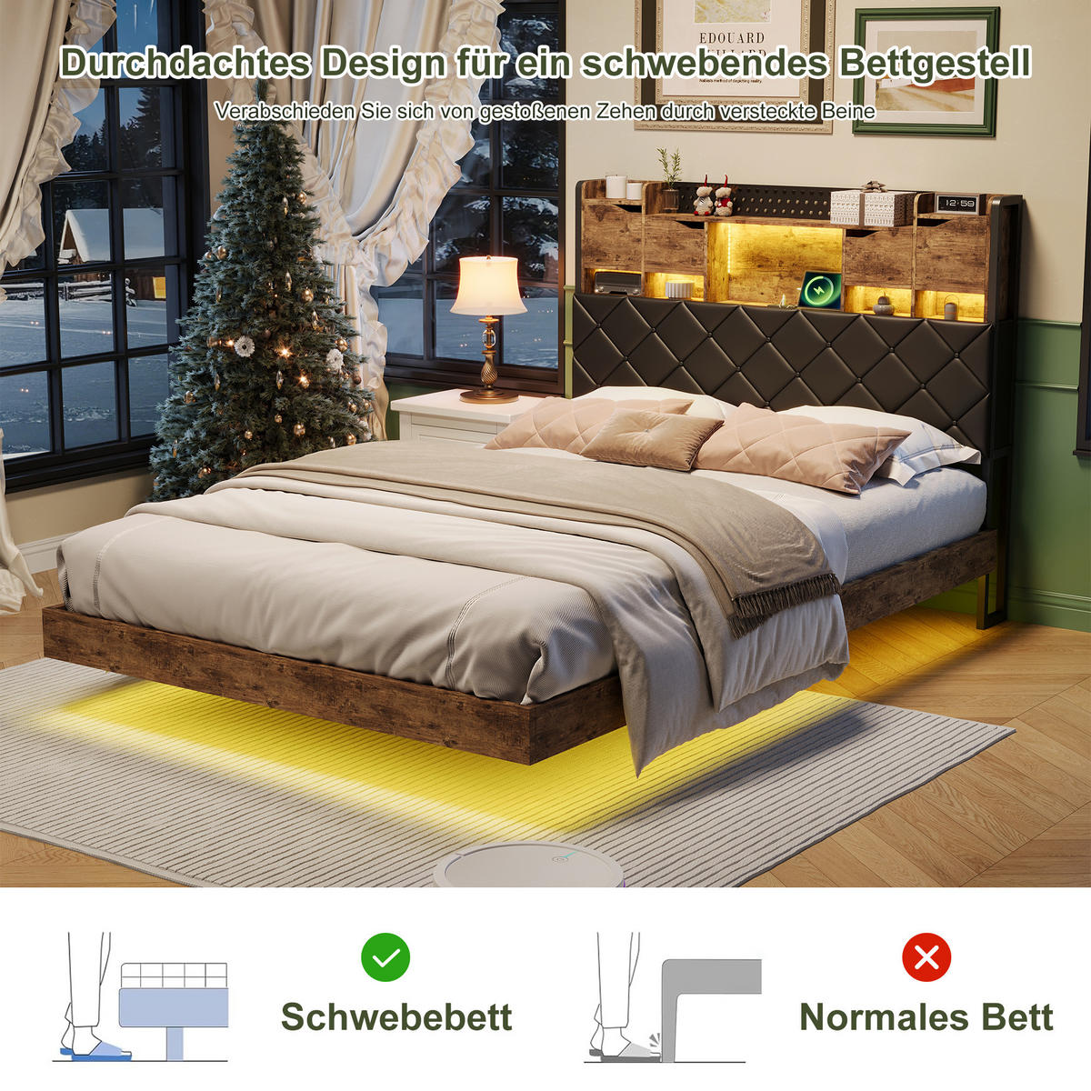 POLSTERBETT 160x200 cm mit LED und USB, Doppelbett mit Lattenrost und Kopfteil, PU, Braun und Schwarz - Schwarz/Braun, Leder/Holzwerkstoff (160/200cm) - GENKI LIVING
