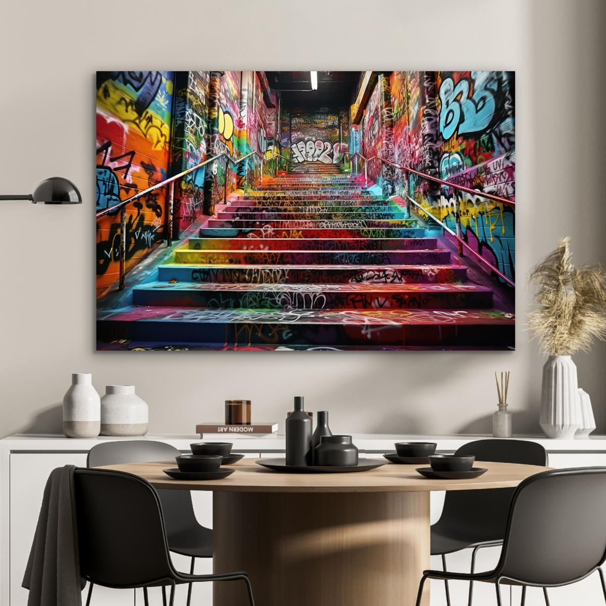 METALLBILD Treppe - Graffiti - Farben - Kunst 90x60 cm - Multicolor, Metall (90/60cm) - MuchoWow