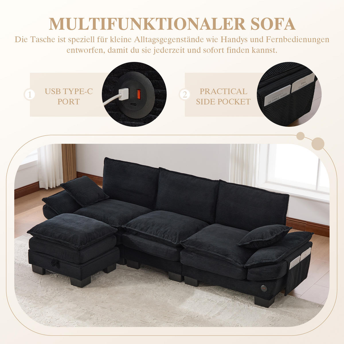 ECKSOFA 260/132/84 cm Schwarz Cord mit 1 Fußhocker, USB-C-Anschluss und Seitentaschen - Schwarz, Textil (260/132cm) - Oxeza