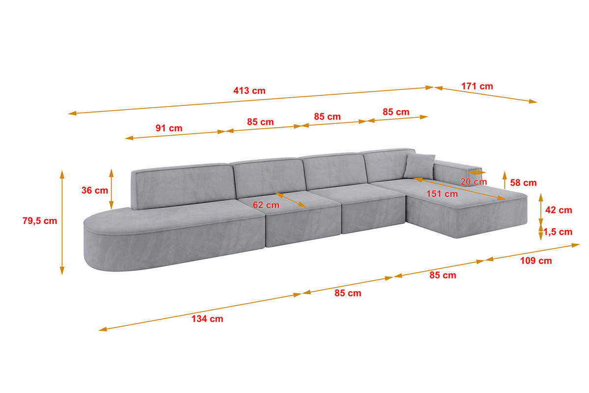 ECKSOFA Ottomane Rechts IREA-L3-v4 - 413x171x79 cm Grau - Titanfarben, Holzwerkstoff/Textil (171/413cm) - ALTDECOR