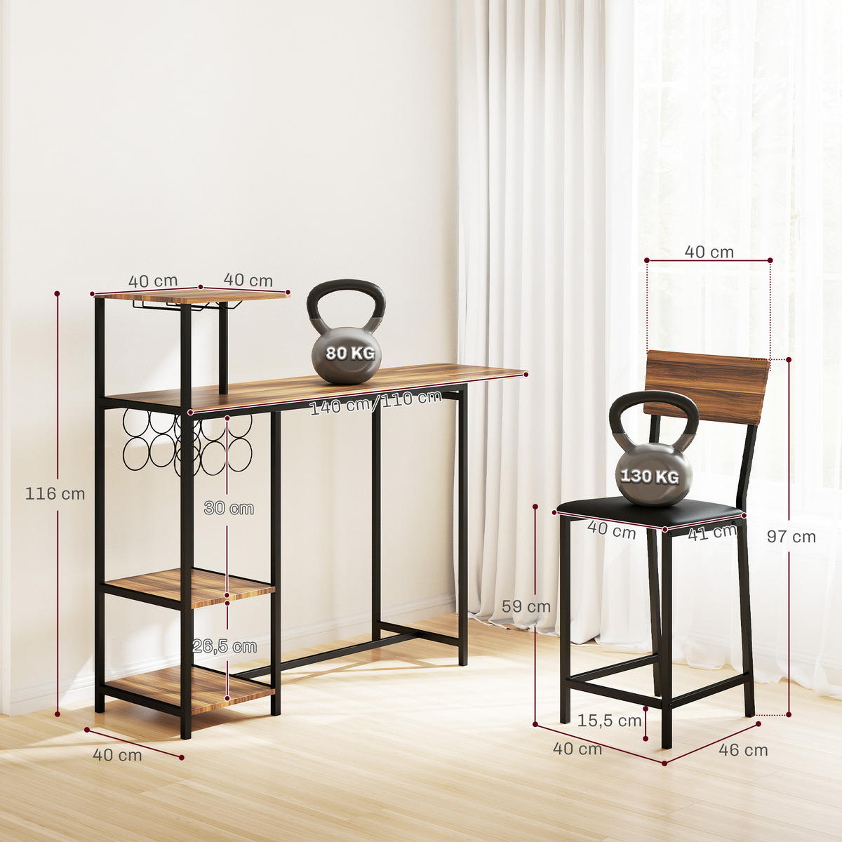 BAR-SET Braun 140.0/40.0/116.0cm - Braun, Holzwerkstoff (40/116/140cm)