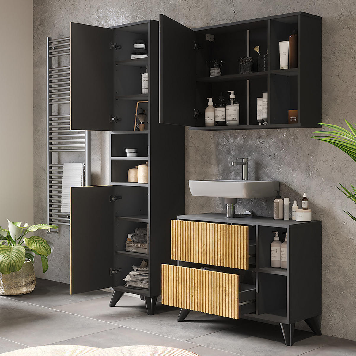 BADMÖBEL-SET Leano Anthrazit/Bergeiche 80 cm, Set 3 - Eichefarben/Anthrazit, Holzwerkstoff (80/62/30cm) - Vicco
