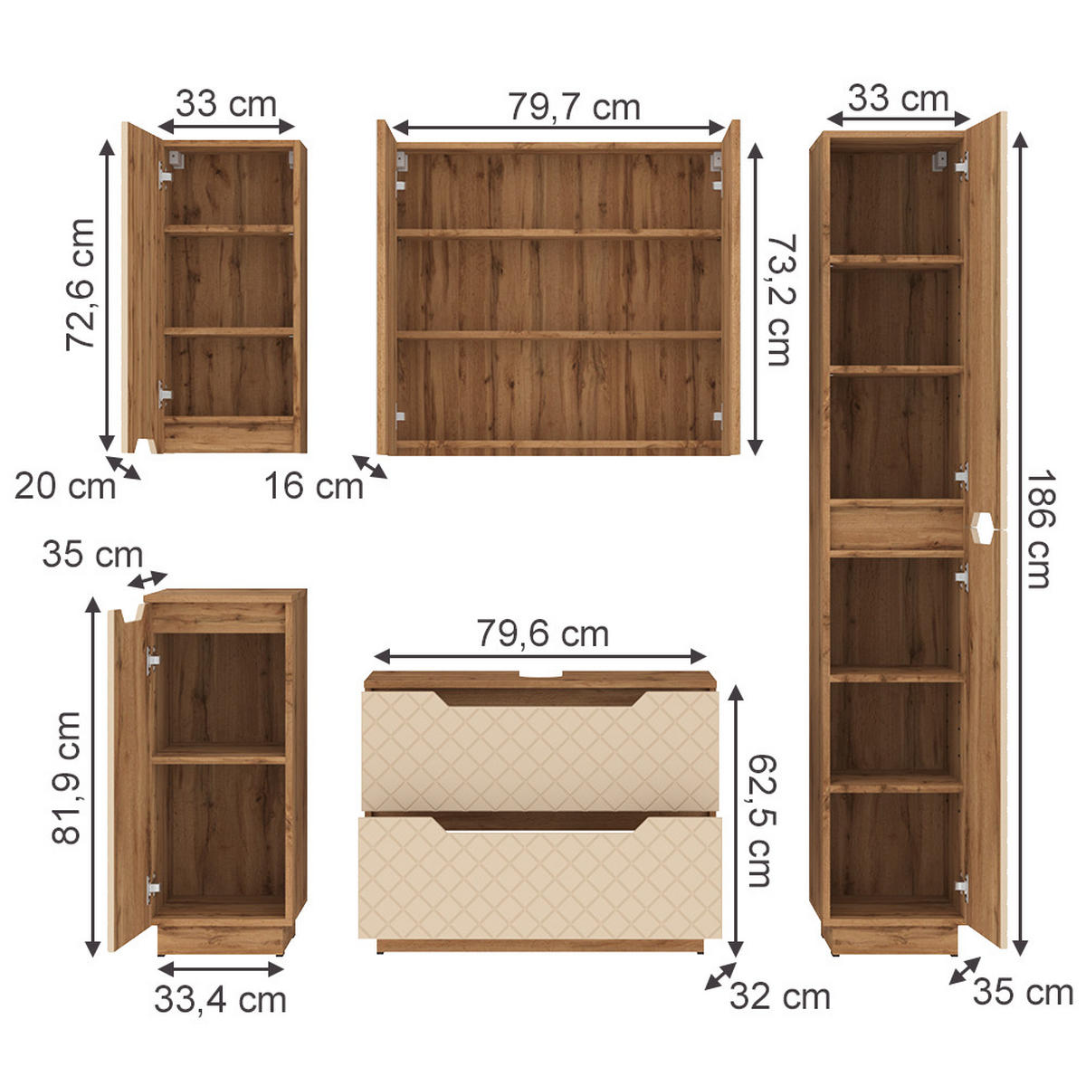 BADMÖBEL-SET Lotta Eiche/Kaschmir mit Kachelstruktur 5 Teile - Kaschmir, Holzwerkstoff (79.6/62.1/32cm) - Vicco