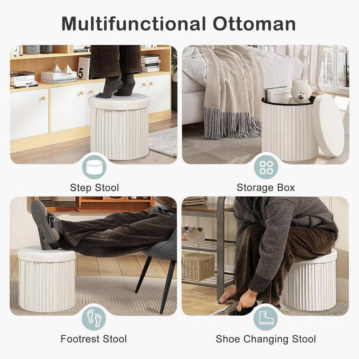 SITZHOCKER mit Deckel Stauraum, Creme - Creme, Textil (38/36/38cm) - Woltu