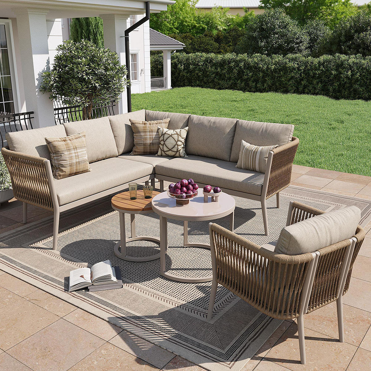 GARTENMÖBELSET 6-teiliges PE-rattan Sitzgruppe in Beige - Beige, Metall