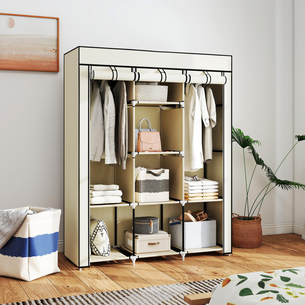 STOFFSCHRANK, Faltschrank, Kleiderschrank mit Kleiderstangen, 8 Ebenen Cremeweiß - Weiß, Metall (43/162.5/125cm) - HOMCOM