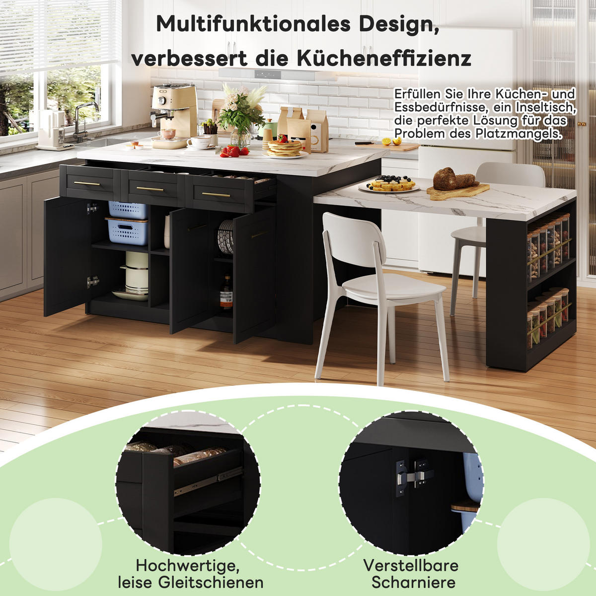 KÜCHENINSEL 150x90x90cm Schwarz mit ausziehbarem Esstisch & Schränken - Schwarz, Holzwerkstoff (150/90/90cm) - Modfu