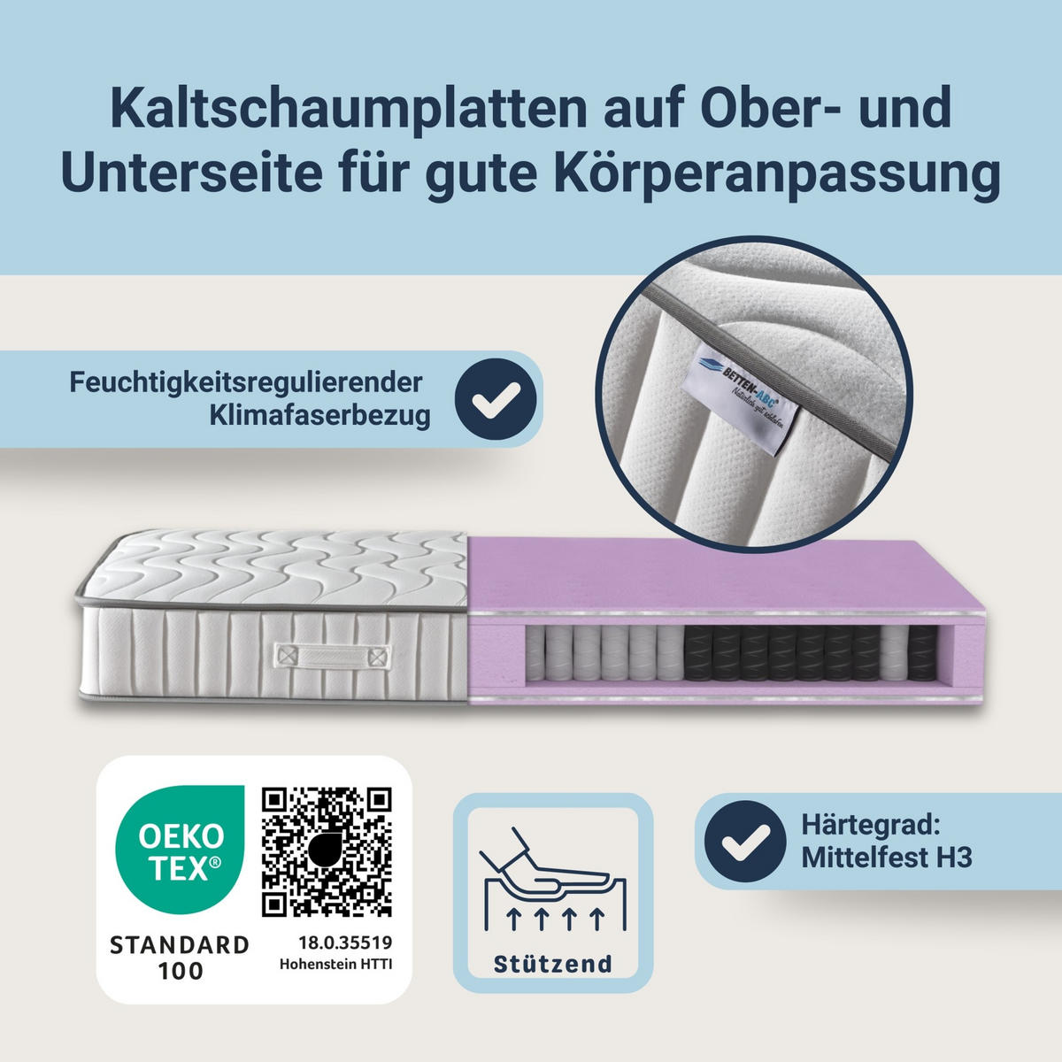 MATRATZE ProVital – Ergonomische 7-Zonen Tonnentaschenfederkernmatratze - Weiß, Holz (120/200cm) - Betten-ABC