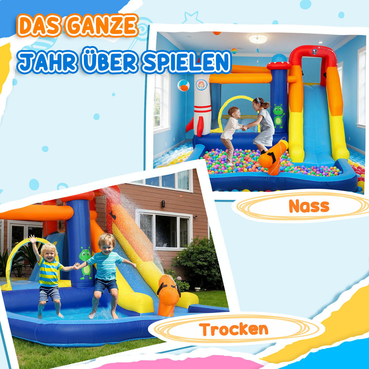 HÜPFBURG mit Gebläse, Rutsche, Planschbecken, Kletterwand, Sprung, Wasserkanone - Multicolor, Textil (360/250/195cm) - AIYAPLAY