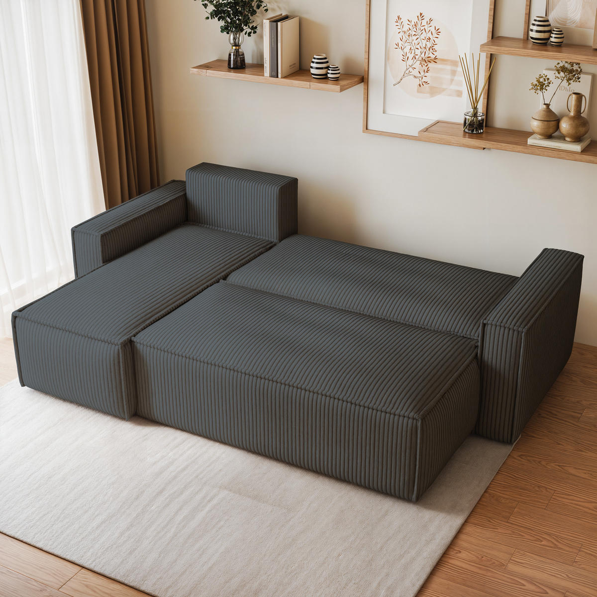ECKSOFA RAVELO P Graphitfarben Kordstoff mit Schlaffunktion - Graphitfarben, Holz (240/140cm) - MASSENO