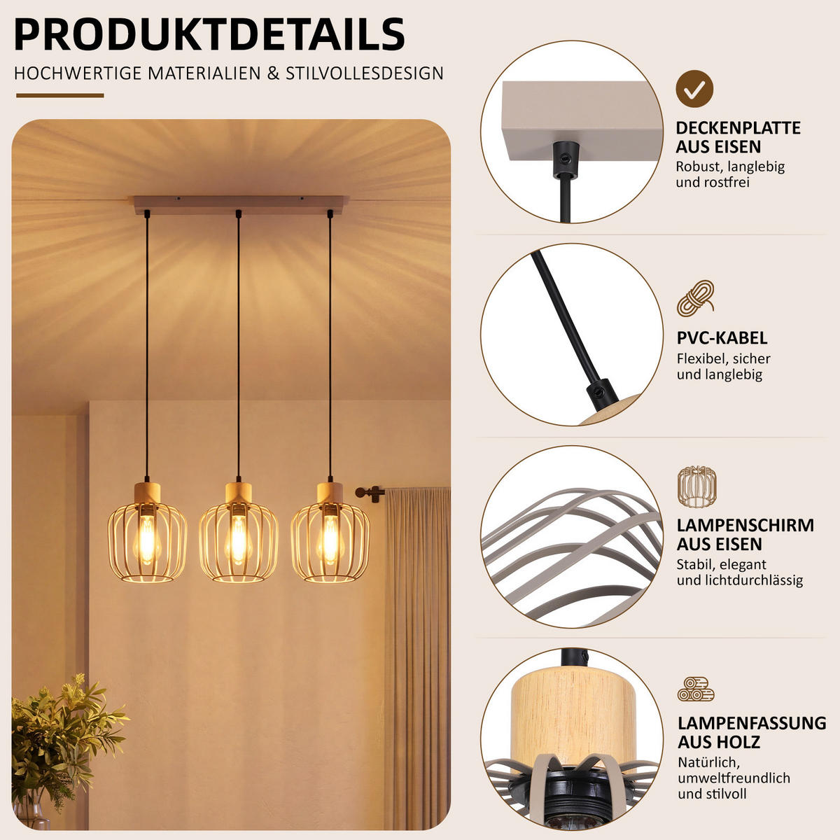 PENDELLEUCHTE Grythvin 62/18/145 cm - Grau, Holz/Metall (62/18/145cm) - ZMH