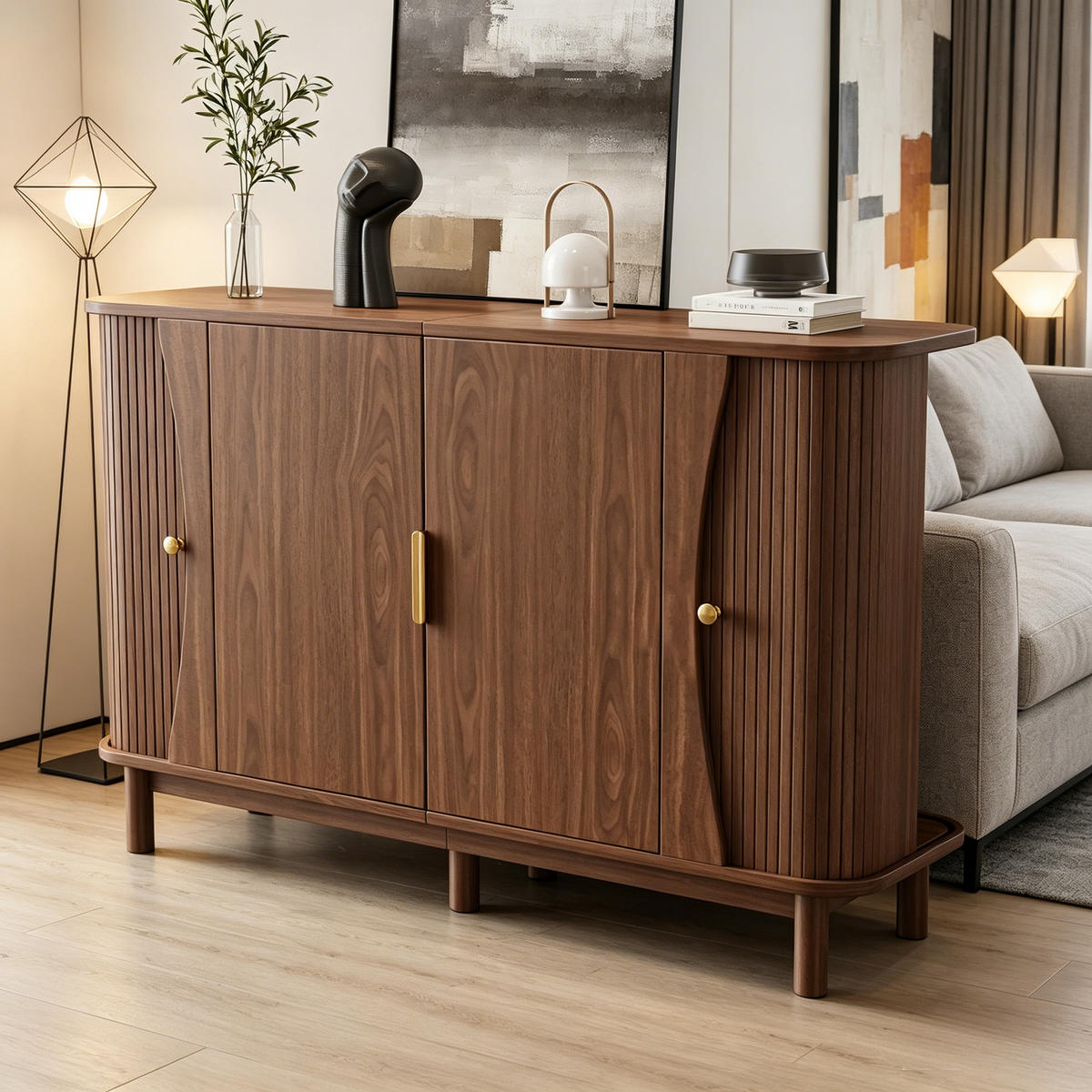 SIDEBOARD mit Stauraum und Schiebetüren,mit geschwungenen Kanten Walnuss 140/40/88 cm - Walnussfarben, Holzwerkstoff (140/88/40cm) - EVRYAE