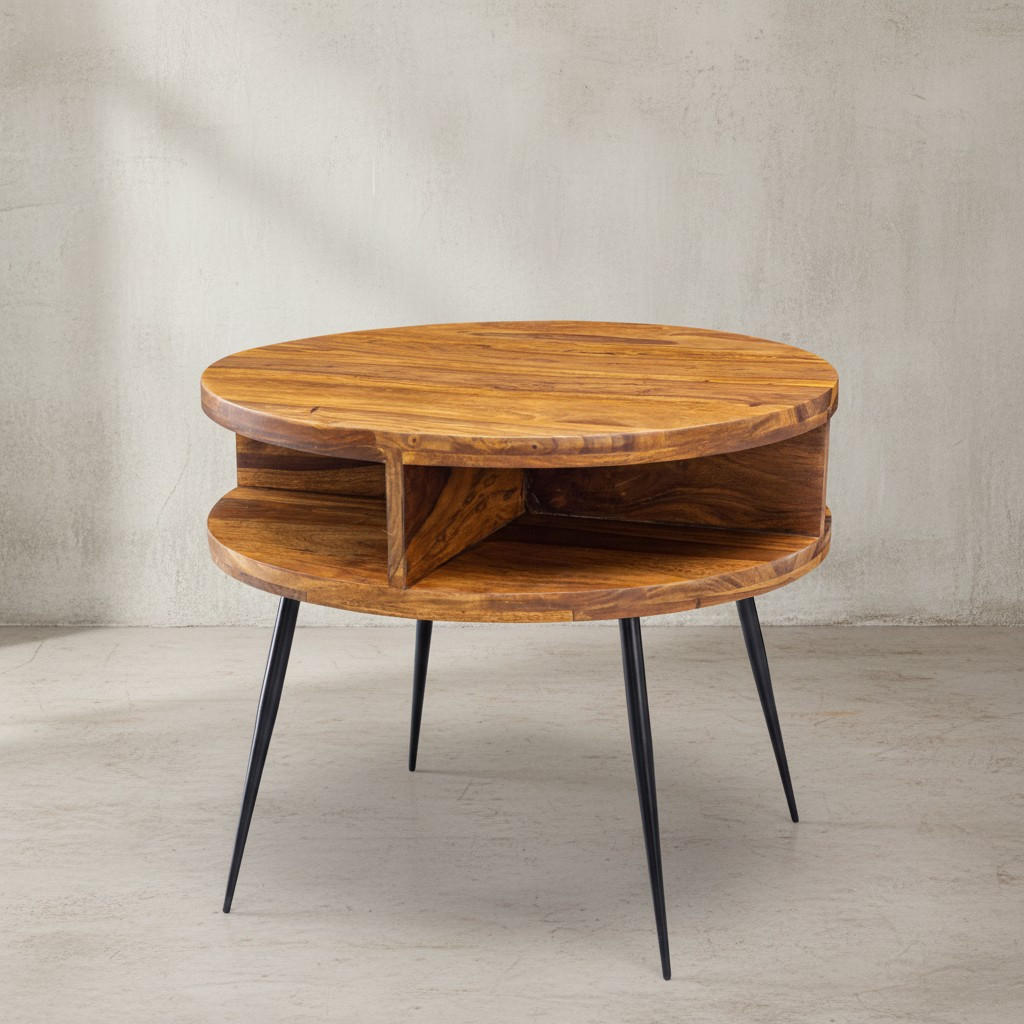 COUCHTISCH aus Sheesham Massivholz, Rund mit 4 Ablagefächern, Gestell aus Schwarzem Metall - Schwarz/Braun, Holz/Metall (60/60/45cm) - KADIMA DESIGN