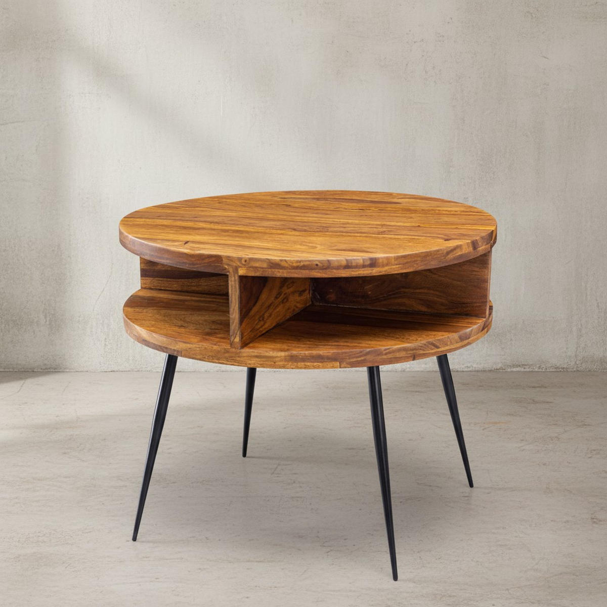 COUCHTISCH aus Sheesham Massivholz, Rund mit 4 Ablagefächern, Gestell aus Schwarzem Metall - Schwarz/Braun, Holz/Metall (60/60/45cm) - KADIMA DESIGN