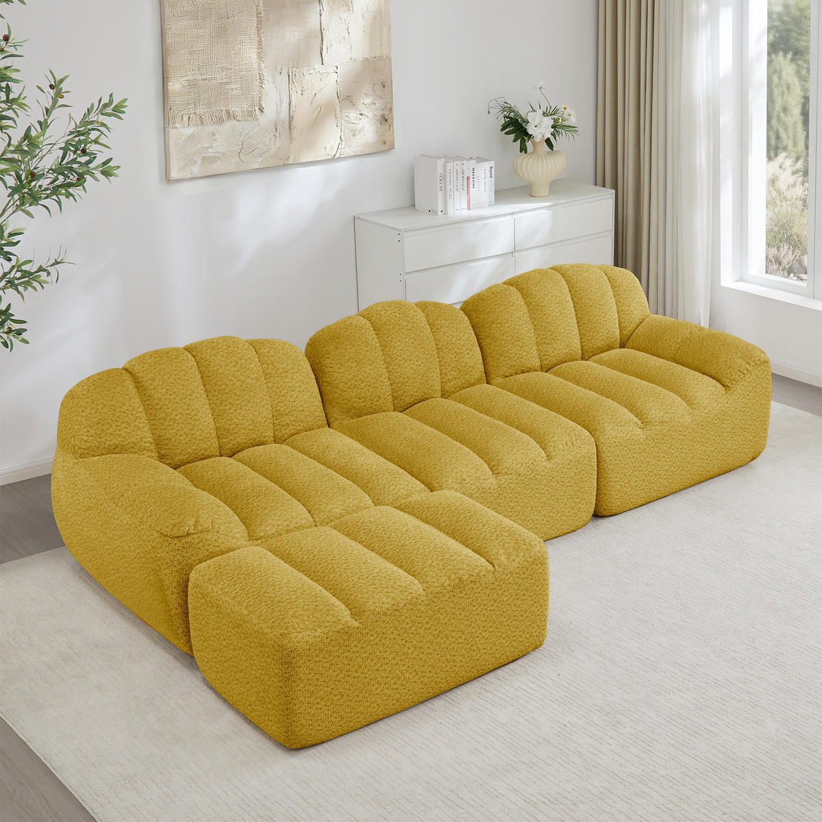 ECKSOFA Granulierter Fleece Gelb mit Ottomane - Gelb, Textil (288/165cm) - WISHDOR