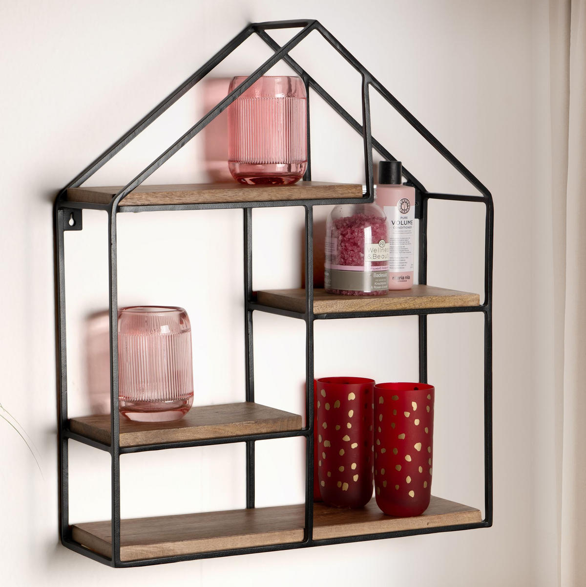 WANDREGAL Mango Massivholz Metall Industrial Stil 50x60x14 cm Hausform - Schwarz/Braun, Holz/Metall (50/60/14cm) - KADIMA DESIGN