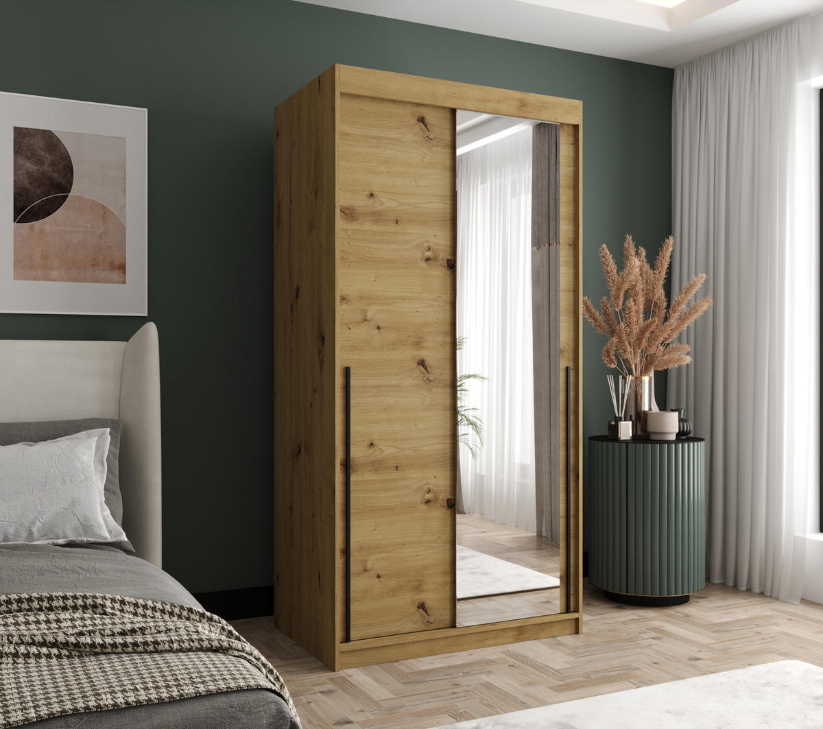 SCHIEBETÜRENSCHRANK mit Spiegel 100 cm Breite Artisan mit schwarzem Griff - Schwarz/Eiche Artisan, Holzwerkstoff (250/200/62cm) - Home Collective