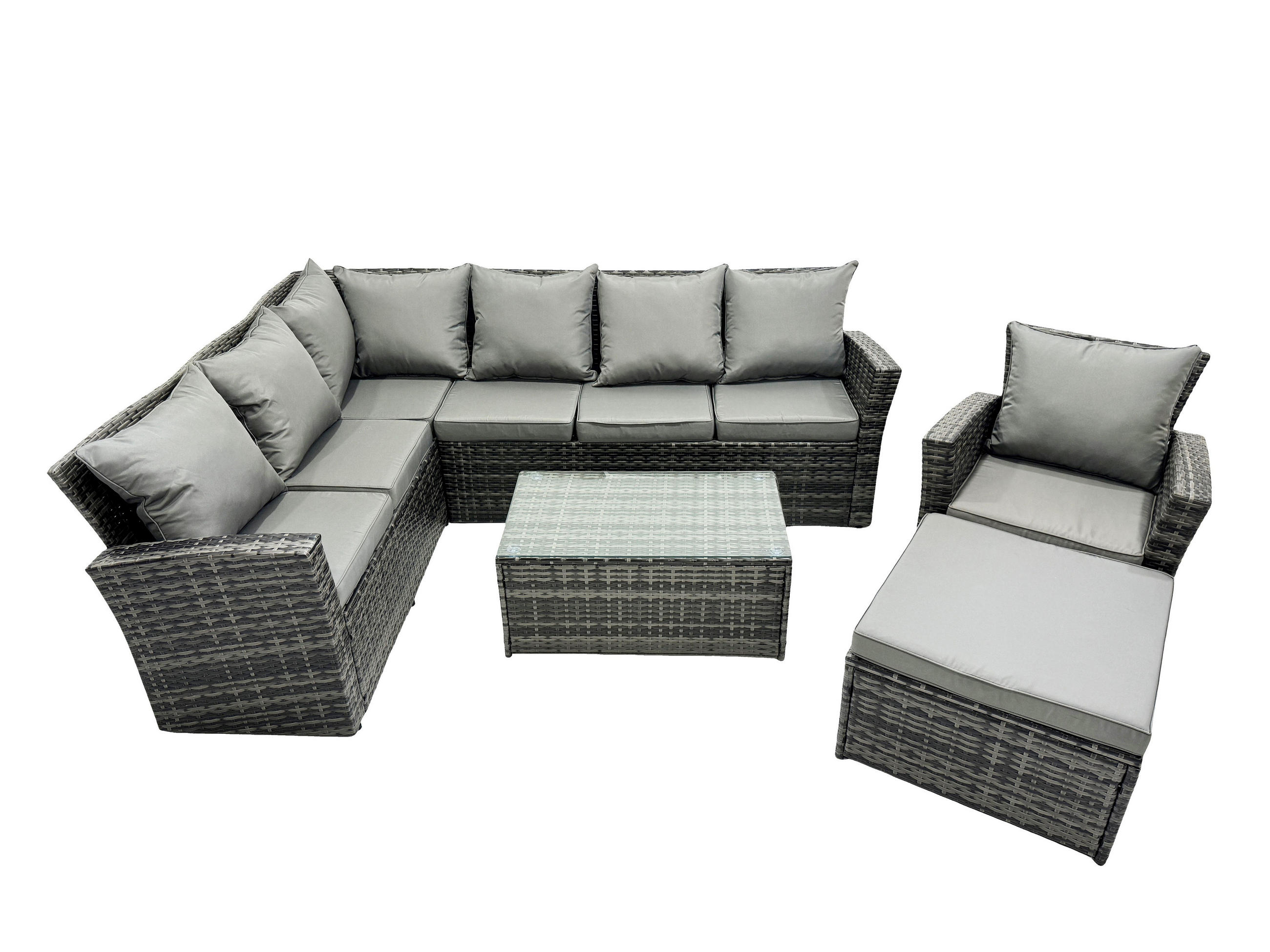GARTEN-ECKSOFAGARNITUR mit Couchtisch Polyrattan 8-Sitzer - Dunkelgrau/Grau, Glas/Kunststoff - Fimous