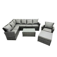 GARTEN-ECKSOFAGARNITUR mit Couchtisch Polyrattan 8-Sitzer - Dunkelgrau/Grau, Glas/Kunststoff - Fimous