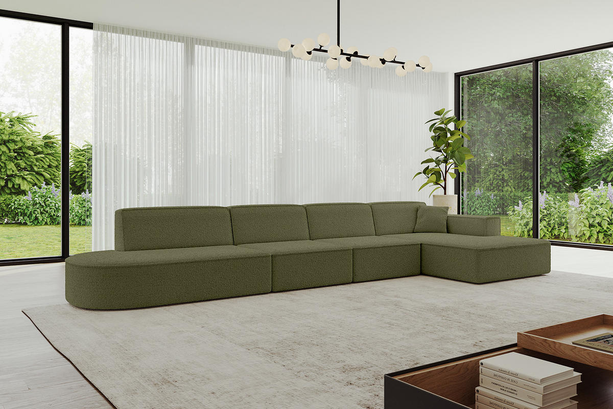 ECKSOFA Ottomane Rechts IREA-L3-v4 - 412x165x77 cm Grün - Platinfarben/Olivgrün, Holzwerkstoff/Textil (412/165cm) - ALTDECOR