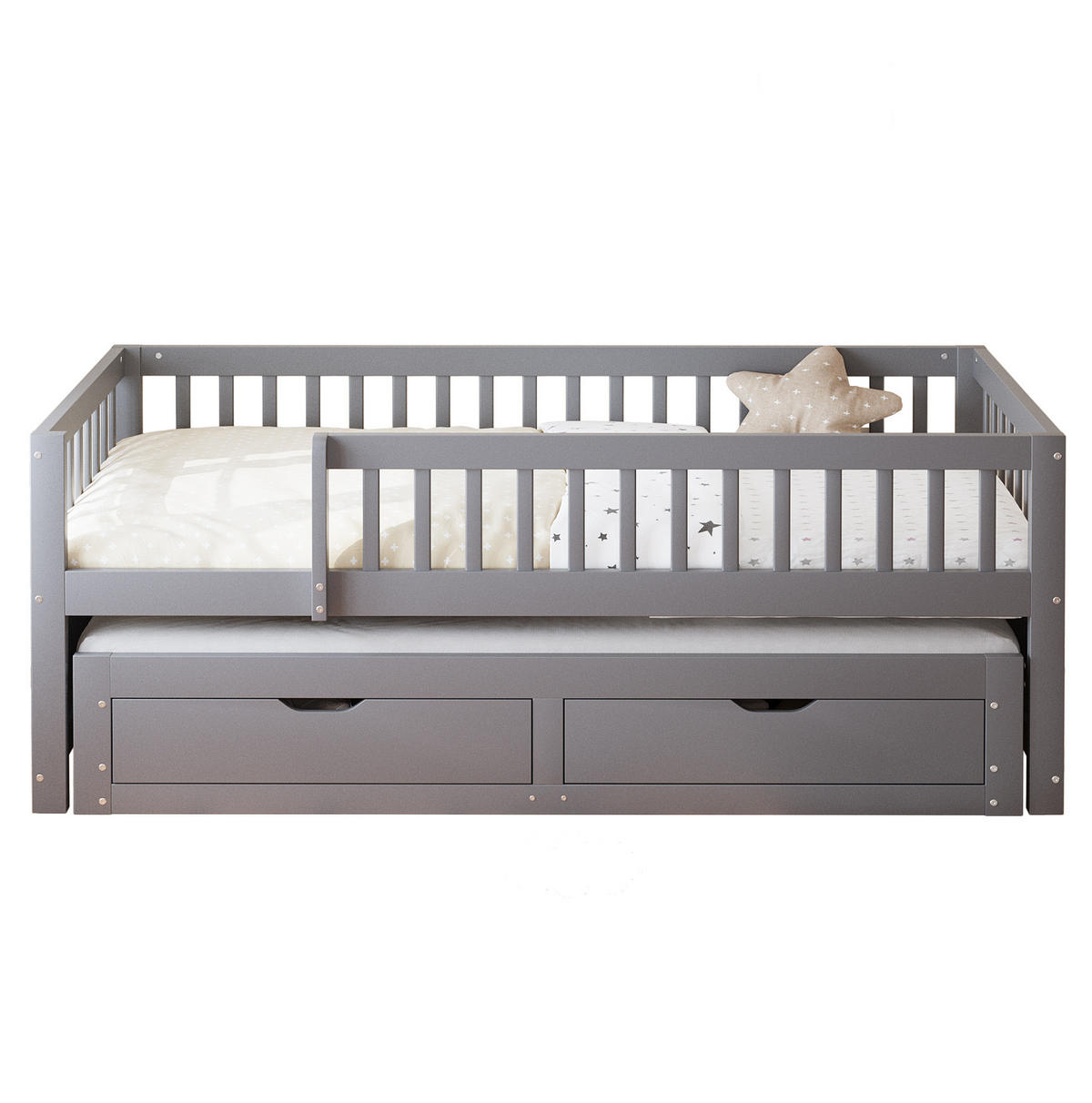 MULTIFUNKTIONSBETT 90/200 cm grau aus Holz mit Ausziehbett und 2 Schubladen - Grau, Holzwerkstoff (90/200cm) - OKWISH